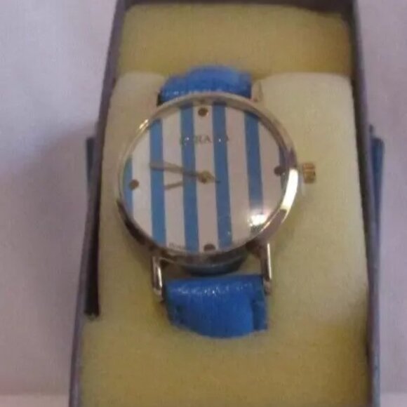 STRADA Watch Stripe Faux Leather Band Stainles Steel Blue Original Box - Picture 5 of 5
